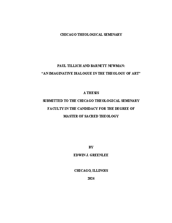 Paul Tillich and Barnett Newman:  “An Imaginative Dialogue in the Theology Of Art” Miniature